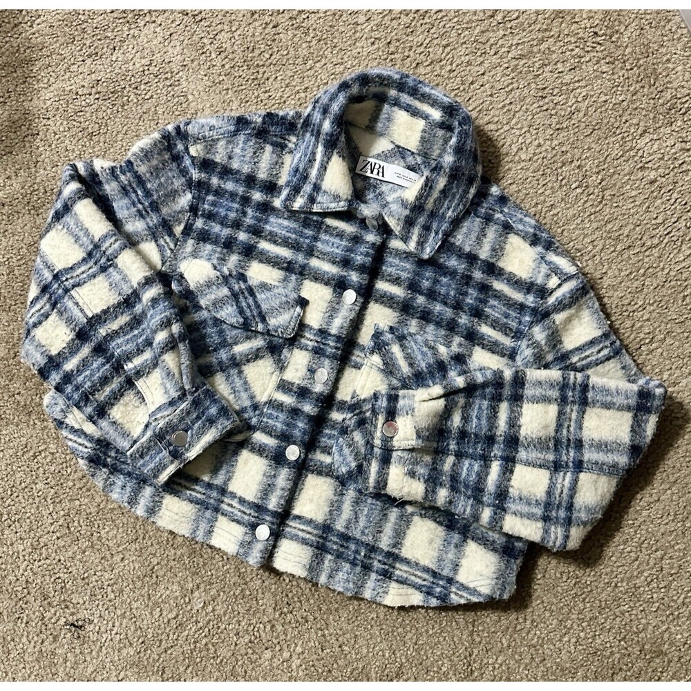 Zara Plaid Cropped Jacket Shacket Blue/Cream Button Front Size S - Picture 3 of 11